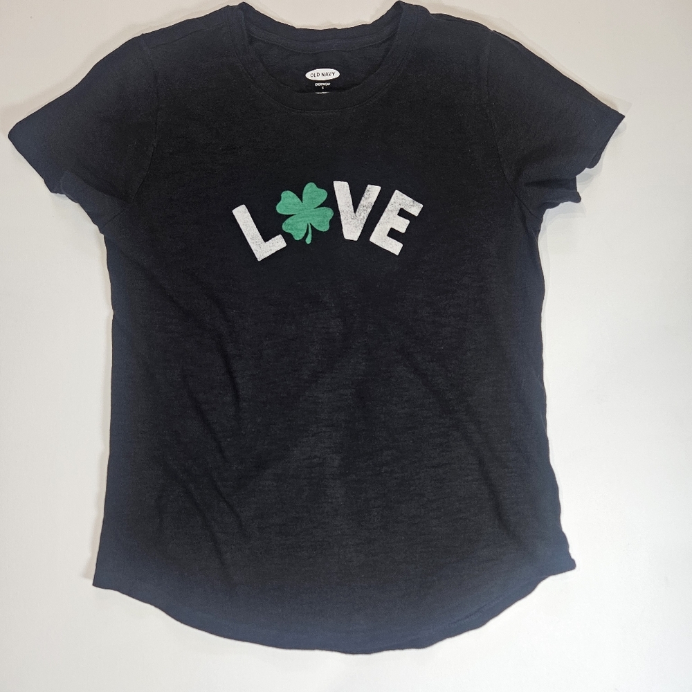 Old Navy‎ 4 Leaf Clover Tee Womens Small Black White Green Irish Love Graphic